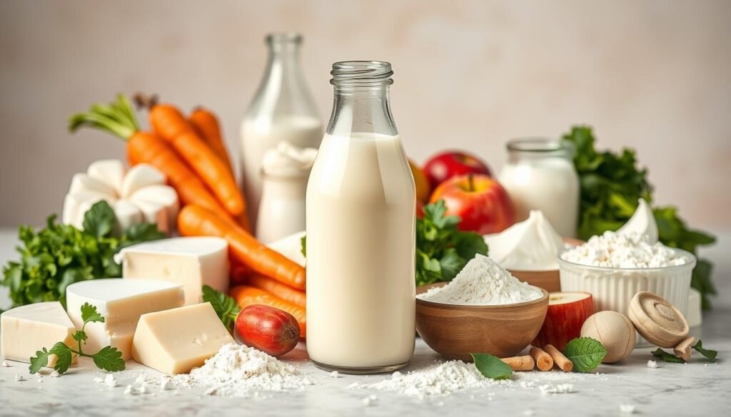 A detailed still life depicting the nutritional composition of donkey milk. The foreground features a transparent glass bottle filled with the creamy, pale liquid, highlighting its rich, velvety texture. Surrounding the bottle are various whole and sliced donkey milk products, such as cheese, yogurt, and powdered milk, arranged in a symmetrical, visually appealing manner. The middle ground showcases an assortment of fresh fruits and vegetables, including carrots, apples, and leafy greens, alluding to the milk's natural, wholesome origins. The background is a softly lit, neutral-toned setting, creating a calm, inviting atmosphere that emphasizes the purity and simplicity of the donkey milk's nutritional profile. The image is captured with a shallow depth of field, gently blurring the background and drawing the viewer's focus to the dairy products at the center.